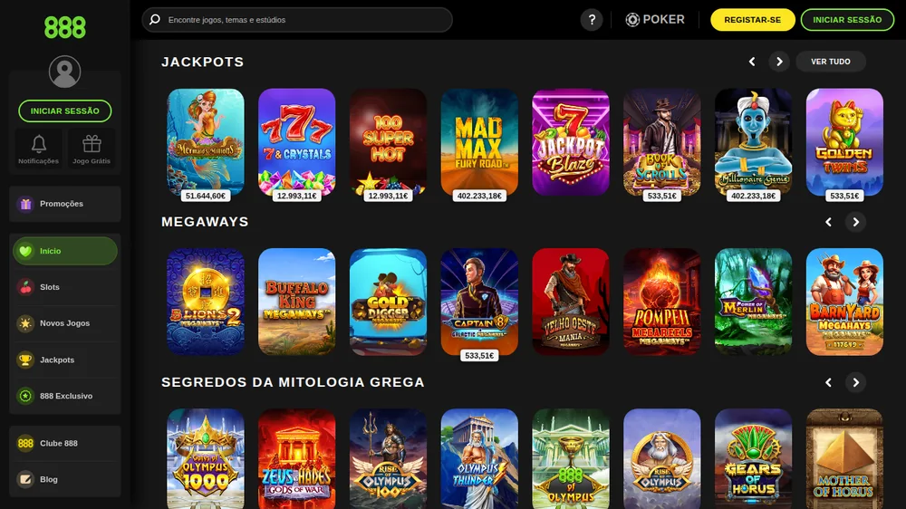 Lobby do 888 com jackpots, Megaways e a fila de slots de mitologia grega