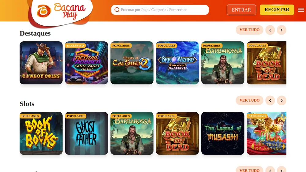 Lobby da BacanaPlay com os destaques e a fila de slots mais populares