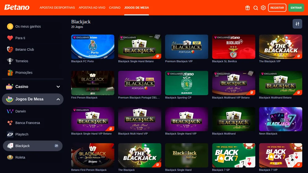 Categoria de blackjack no casino Betano, com 20 mesas incluindo versões exclusivas