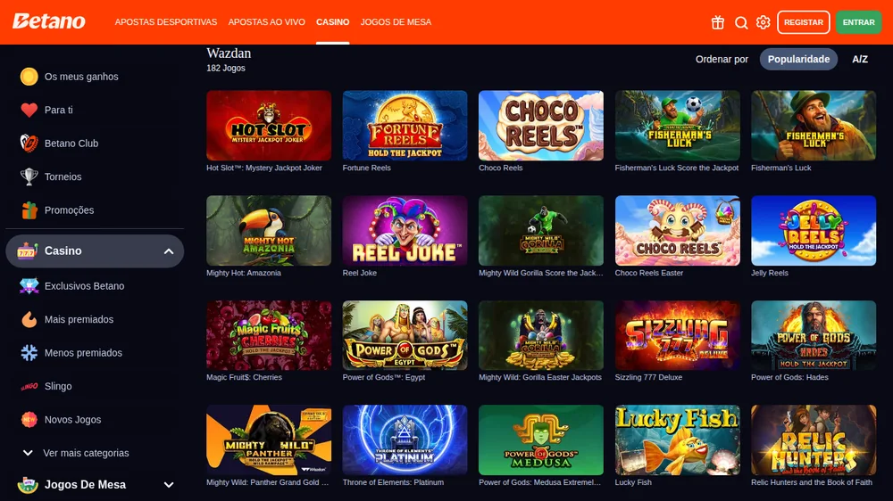 Grelha de slots no casino Betano, com 180 jogos da Wazdan e filtros por popularidade