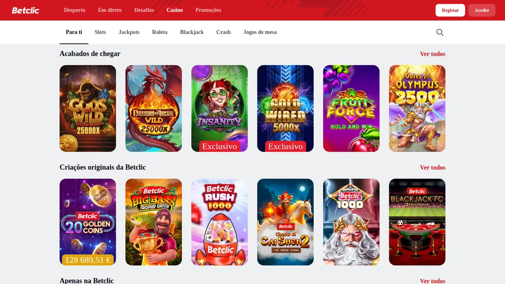 Lobby do casino Betclic com os jogos acabados de chegar e as criações originais da marca