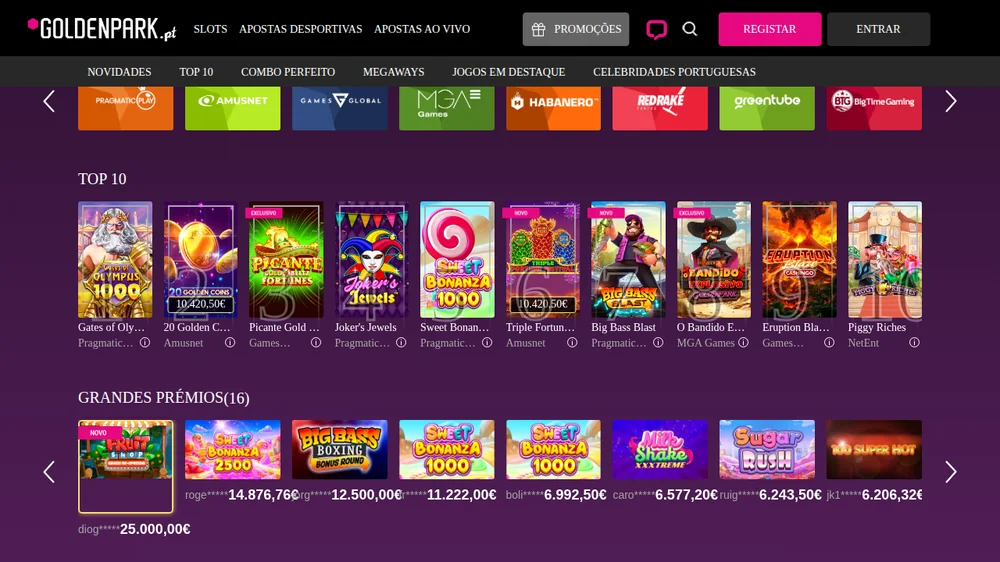 Lobby do casino GoldenPark com o Top 10 de slots e a fila de grandes prémios