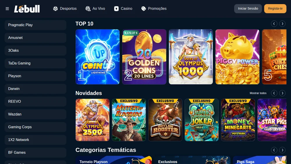 Lobby do casino Lebull com o Top 10 de slots, as novidades e o menu de estúdios