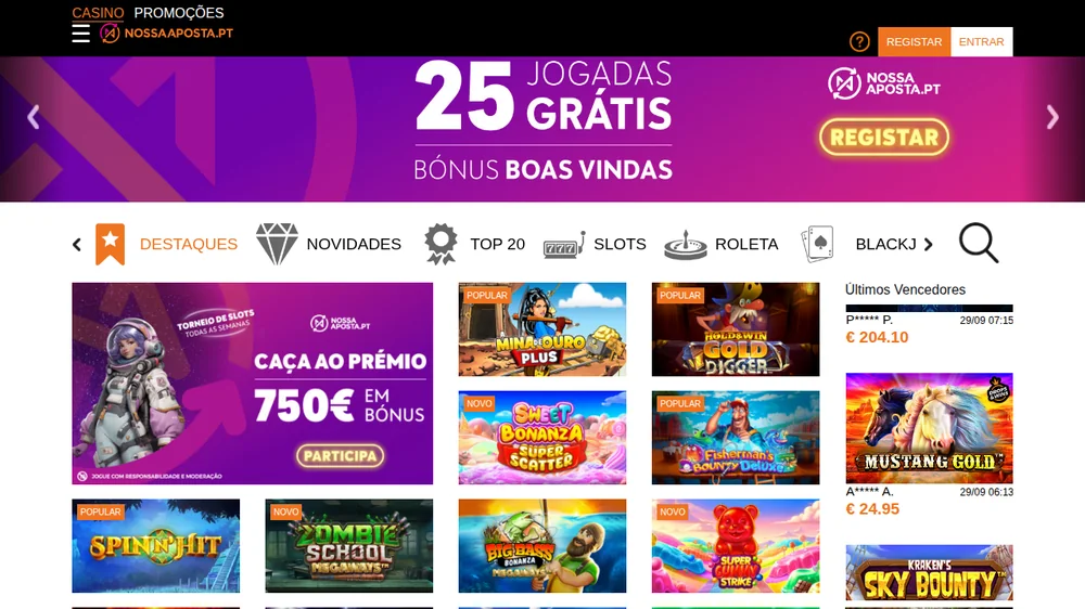 Página de casino da Nossa Aposta com as 25 jogadas grátis de boas-vindas e o lobby de slots