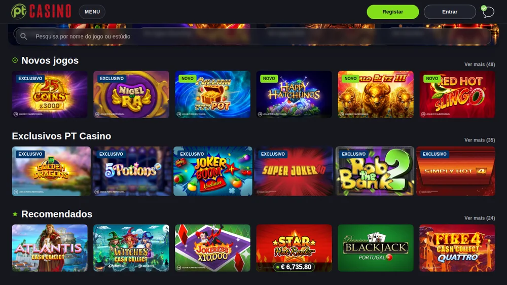 Lobby do PT Casino da Placard.pt com novos jogos, exclusivos PT Casino e recomendados
