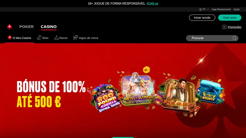 Casino da PokerStars com o bónus de 100% até 500€ e o menu de slots, Races e jogos de mesa