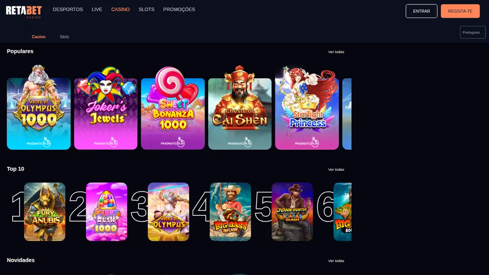 Lobby de slots da Retabet com as populares e o Top 10