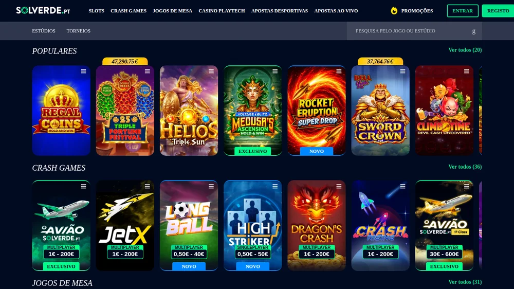 Lobby do casino Solverde.pt com as filas de jogos populares e crash games