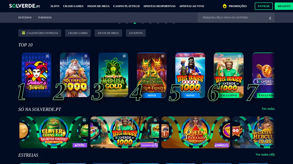 Lobby do casino Solverde.pt com o Top 10 e a secção de exclusivos «Só na Solverde.pt»