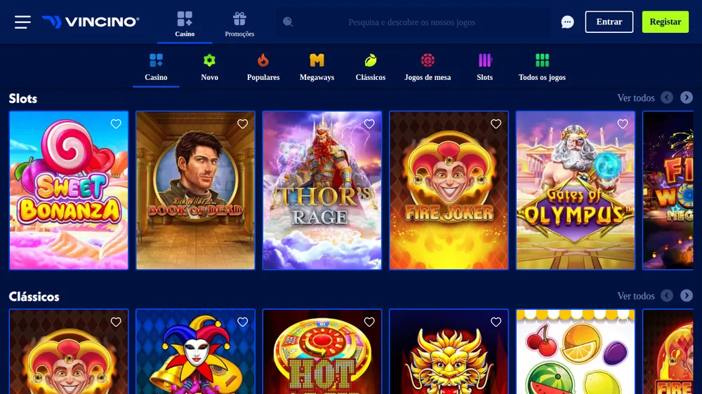 Lobby da Vincino com as categorias de jogo e a fila de slots