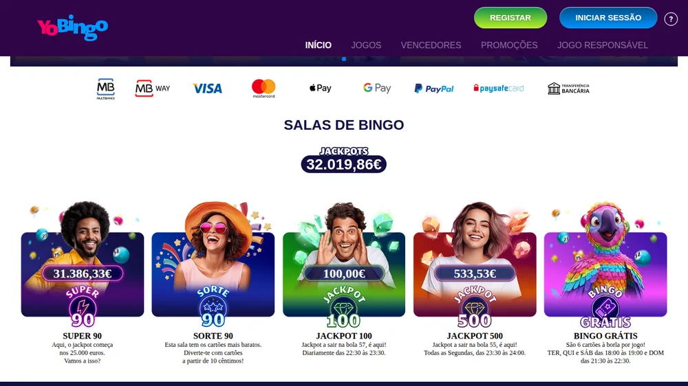 Salas de bingo do YoBingo com os jackpots Super 90, Sorte 90 e Jackpot 500