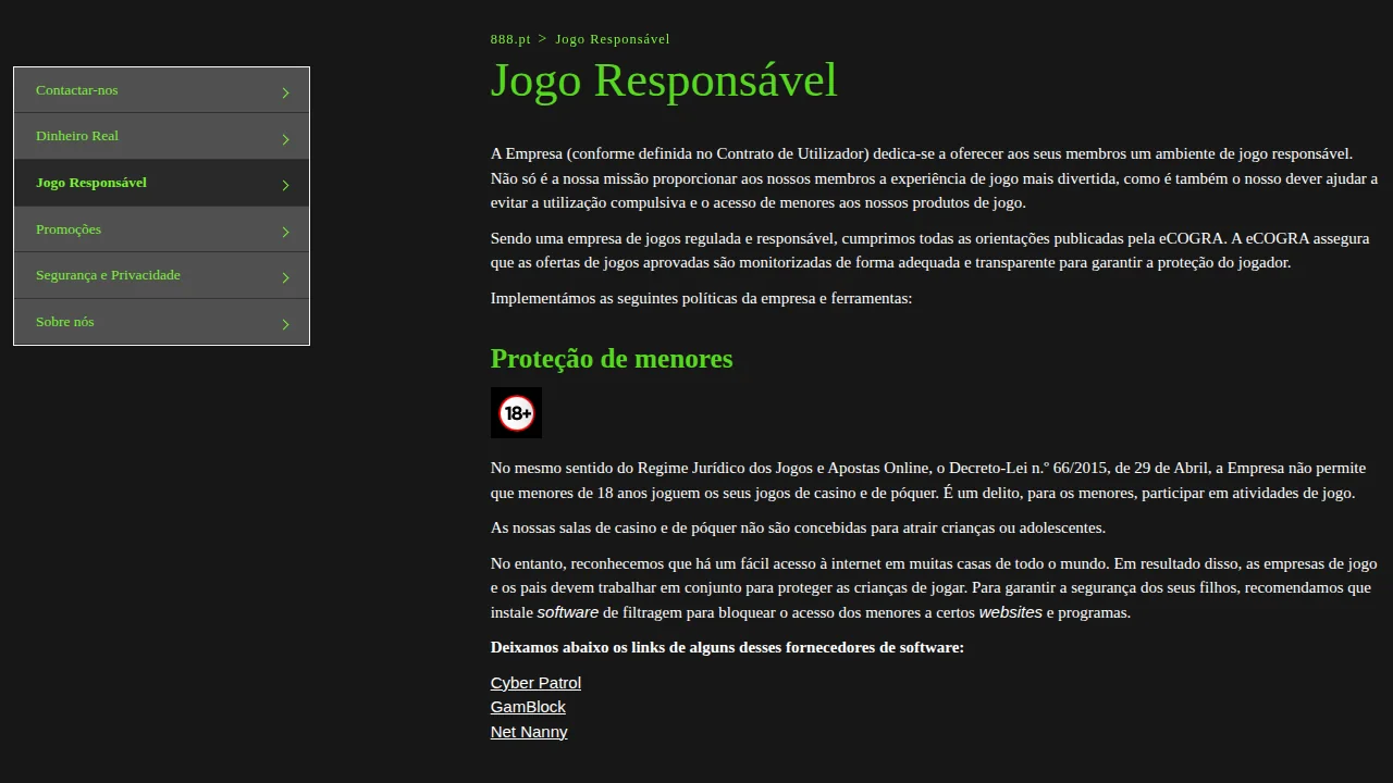 Página de jogo responsável da 888.pt, secção Proteção de menores, com o símbolo 18+ e programas de filtragem