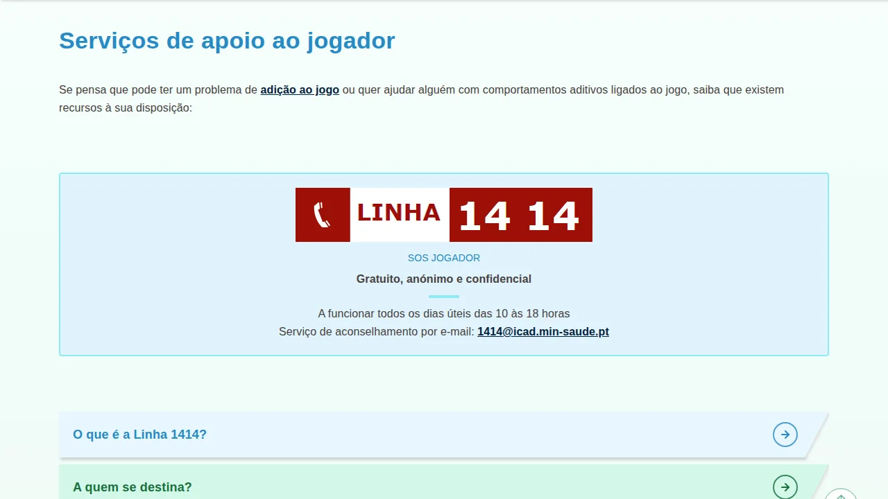 Linha 1414 SOS Jogador na página do SRIJ: gratuita, anónima e confidencial, dias úteis das 10 às 18 horas