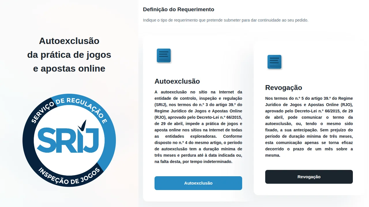 Plataforma de autoexclusão do SRIJ com as opções Autoexclusão e Revogação e o mínimo de três meses