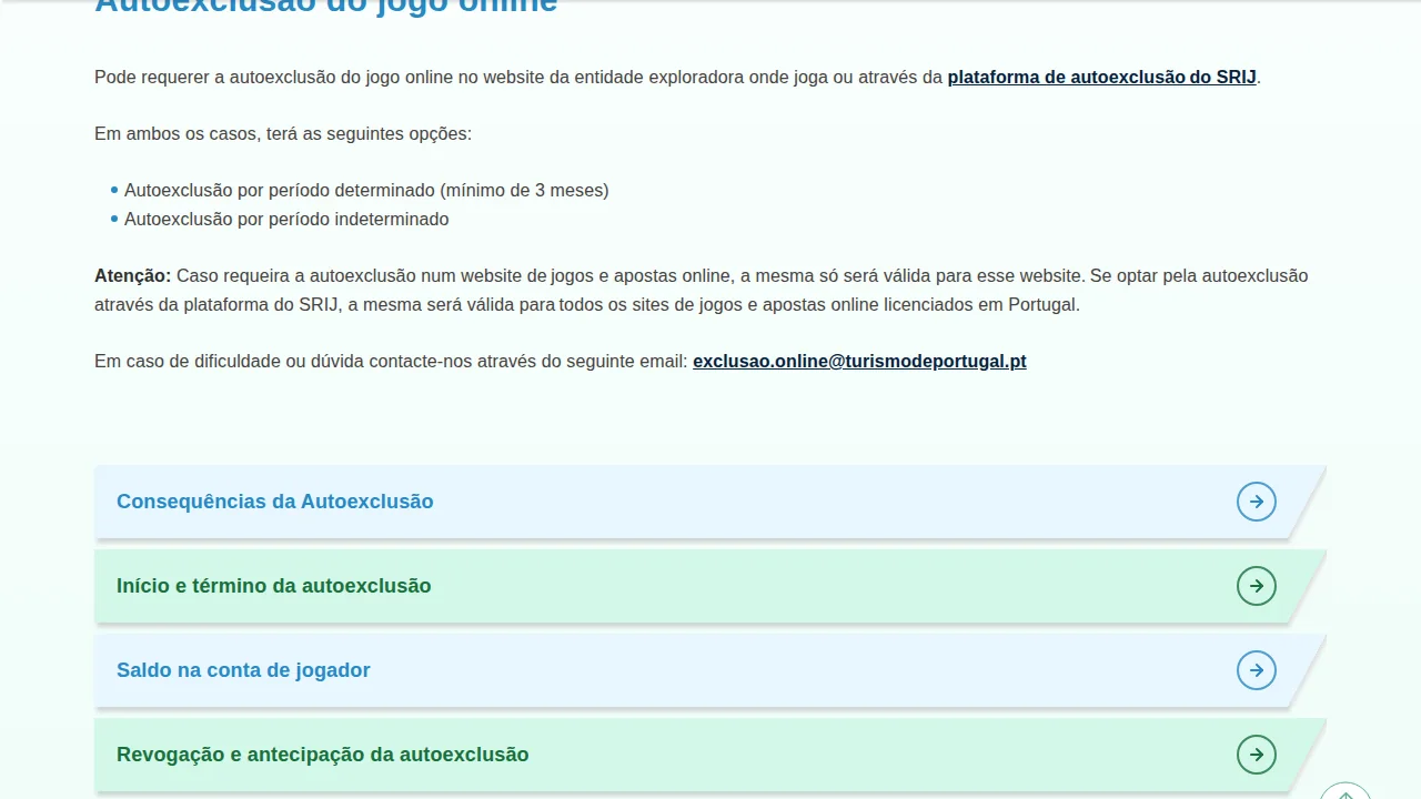 Página do SRIJ sobre autoexclusão do jogo online: no site da casa vale só para esse site, no SRIJ vale para todos