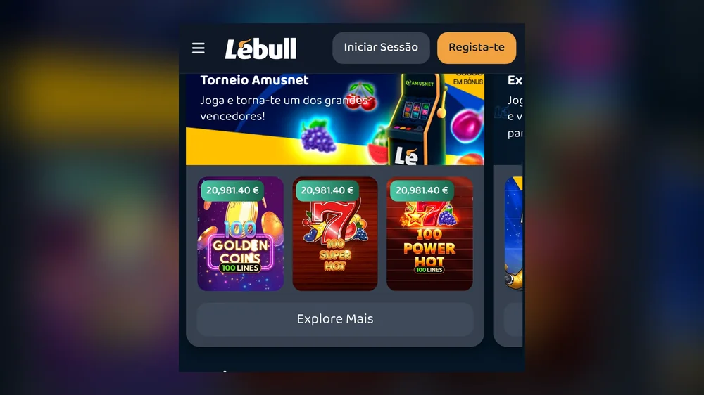 Casino Lebull no telemóvel — cabeçalho da marca com Iniciar Sessão e Regista-te, cartão do Torneio Amusnet e a grelha de slots com jackpot em curso na Golden Coins, na Super Hot e na Power Hot