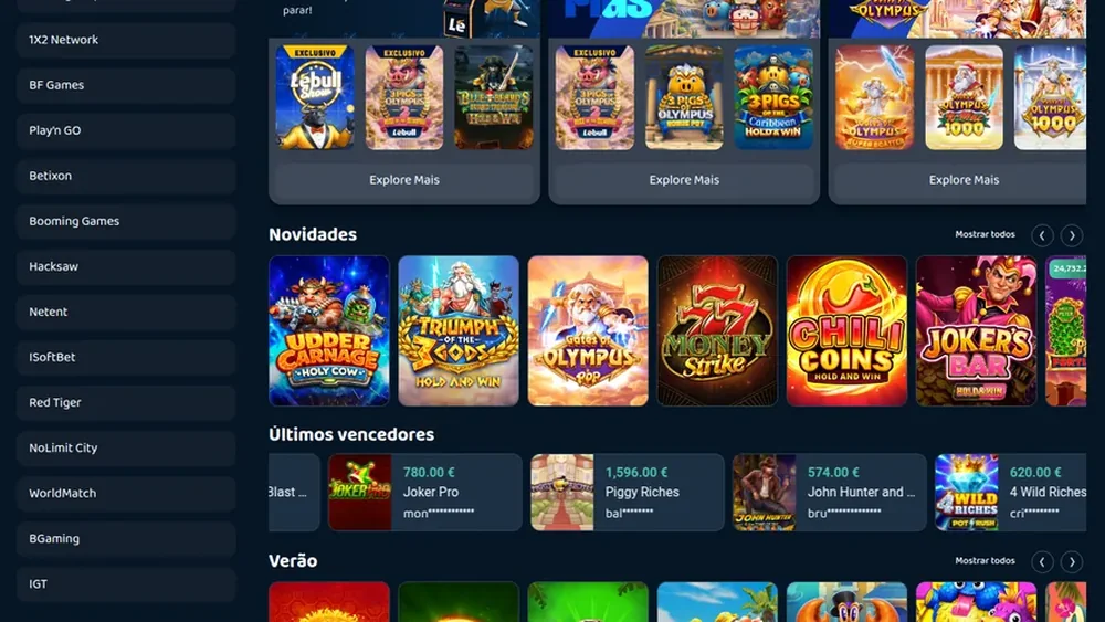 Lobby da Lebull: menu de fornecedores, slots exclusivas como a 3 Pigs of Olympus 2, novidades e últimos vencedores