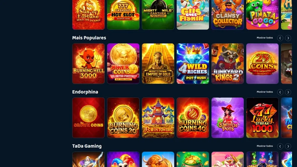 Filas Mais Populares, Endorphina e TaDa Gaming no lobby de slots da Lebull