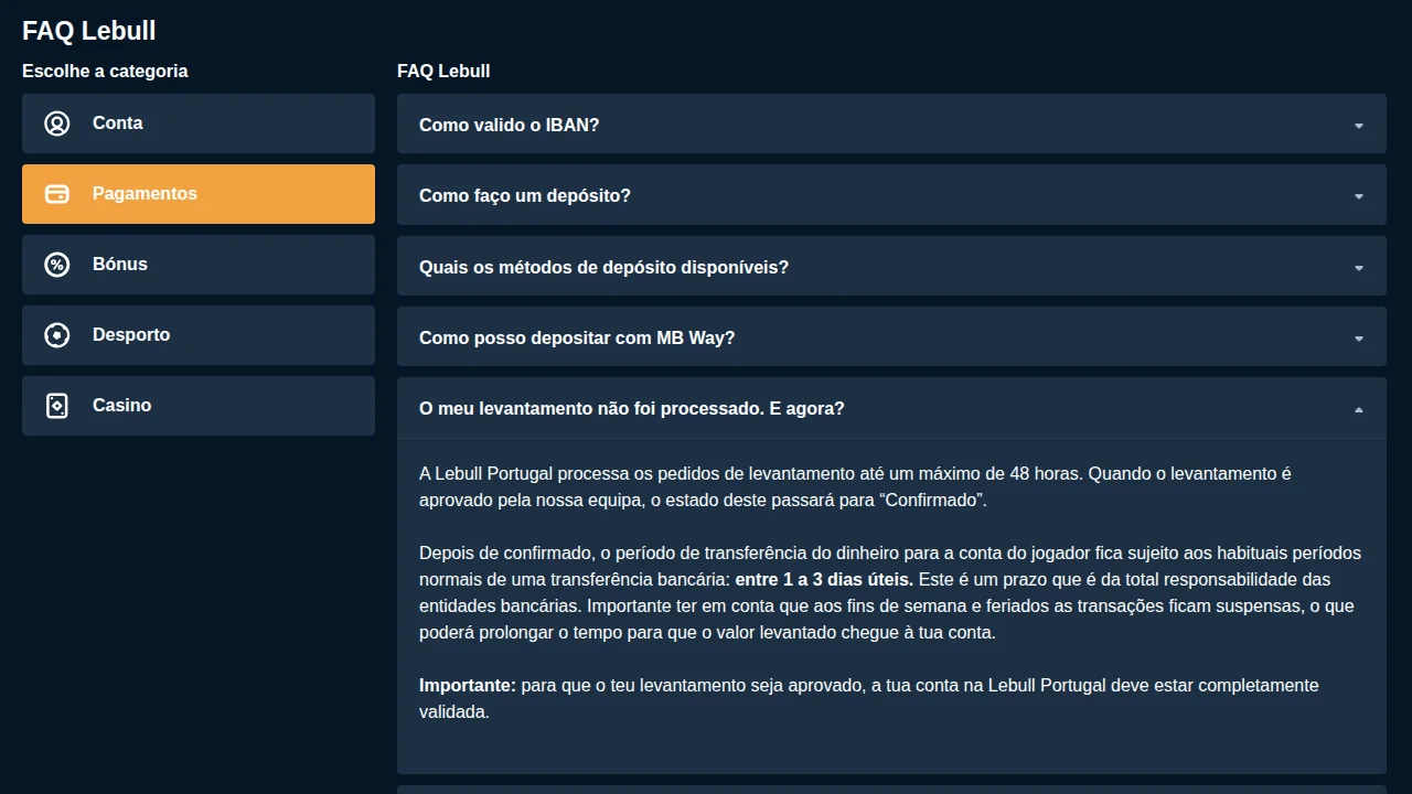 FAQ de pagamentos da Lebull: levantamentos aprovados em até 48 horas e mais 1 a 3 dias úteis do banco