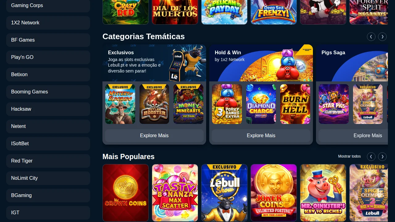 Menu de fornecedores da Lebull, de Gaming Corps a Big Time Gaming, e a categoria Exclusivos com Mystery of Eldorado