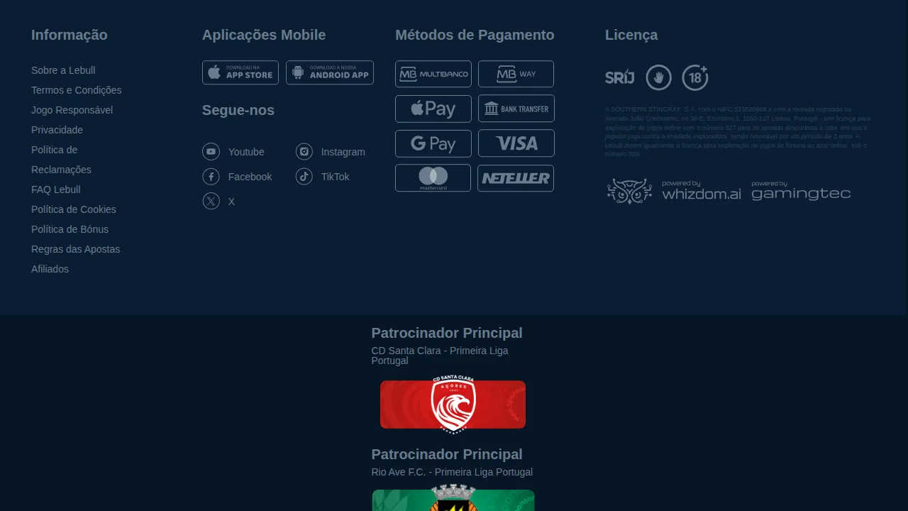 Rodapé da Lebull com os métodos de pagamento: Multibanco, MB Way, Apple Pay, Google Pay, Visa, Mastercard, Neteller e transferência