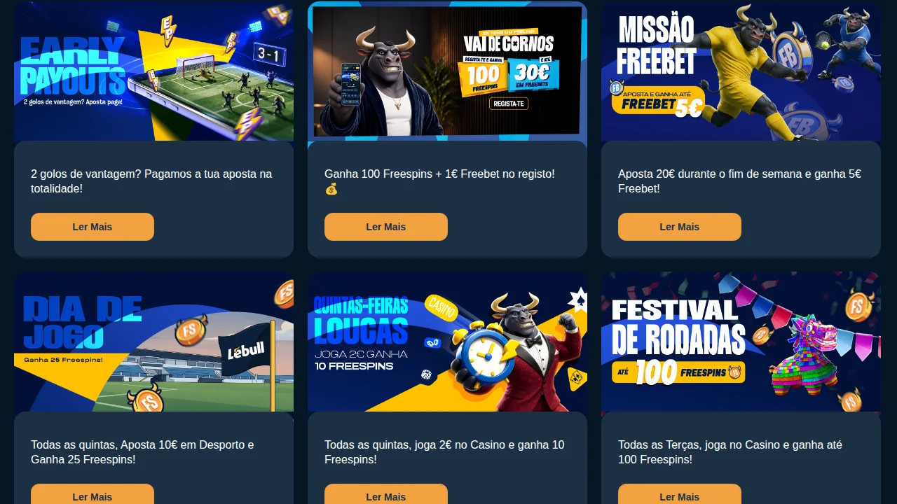 Página de promoções da Lebull com Missão Freebet, Dia de Jogo, Quintas-feiras Loucas e Festival de Rodadas