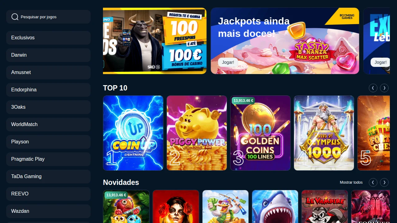 Homepage da Lebull com o Top 10 de slots, a começar por Coin Up Lightning, e o jackpot de cerca de 13.914 €