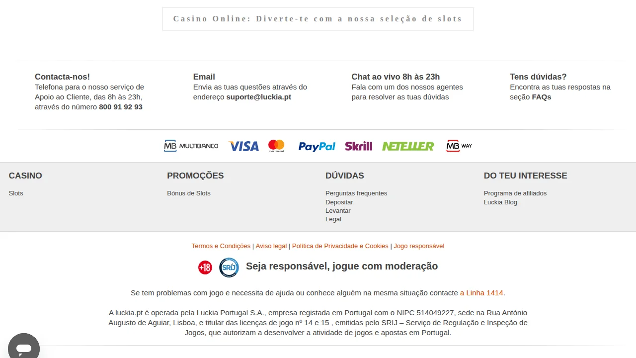 Rodapé da Luckia com o telefone 800 91 92 93, o chat das 8h às 23h e os métodos de pagamento