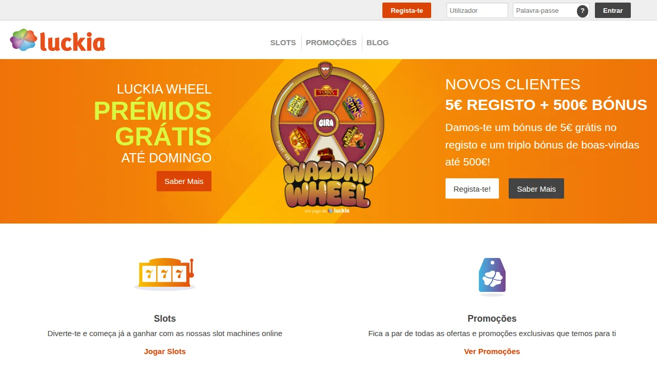 Página inicial da Luckia com o destaque «5€ registo + 500€ bónus» e a roda Luckia Wheel