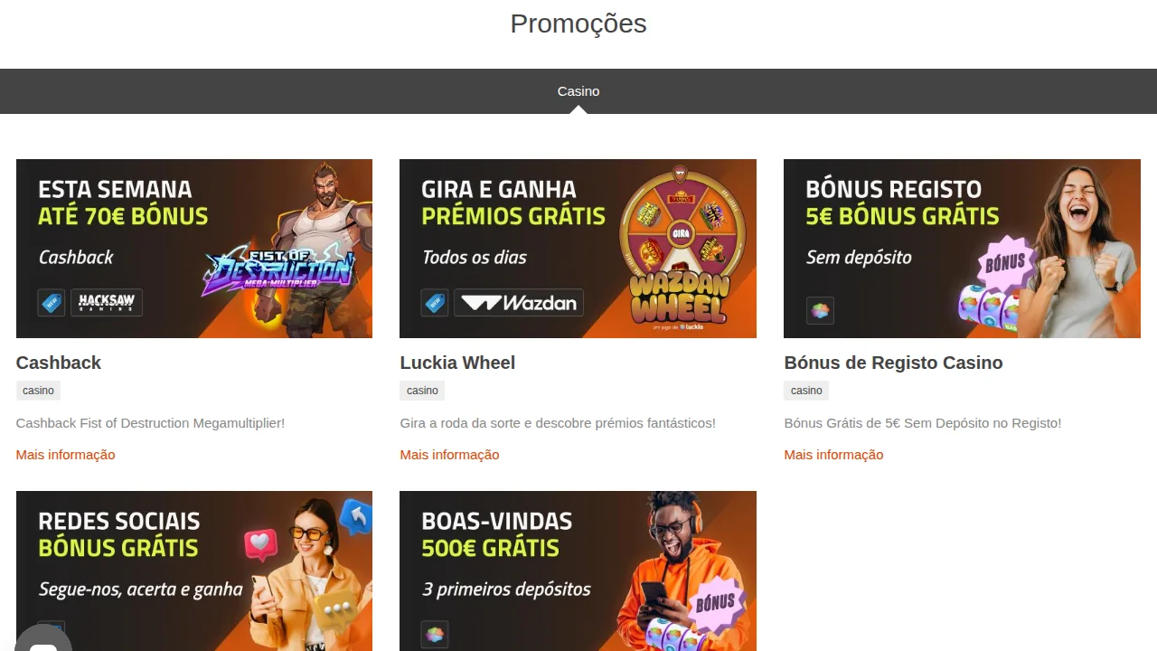 Página de promoções de casino da Luckia: cashback Hacksaw, Luckia Wheel, bónus de registo de 5 € e boas-vindas até 500 €
