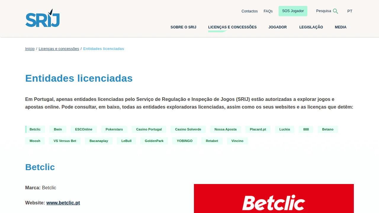 Lista de entidades licenciadas no site do SRIJ, com a Luckia entre as 19 marcas