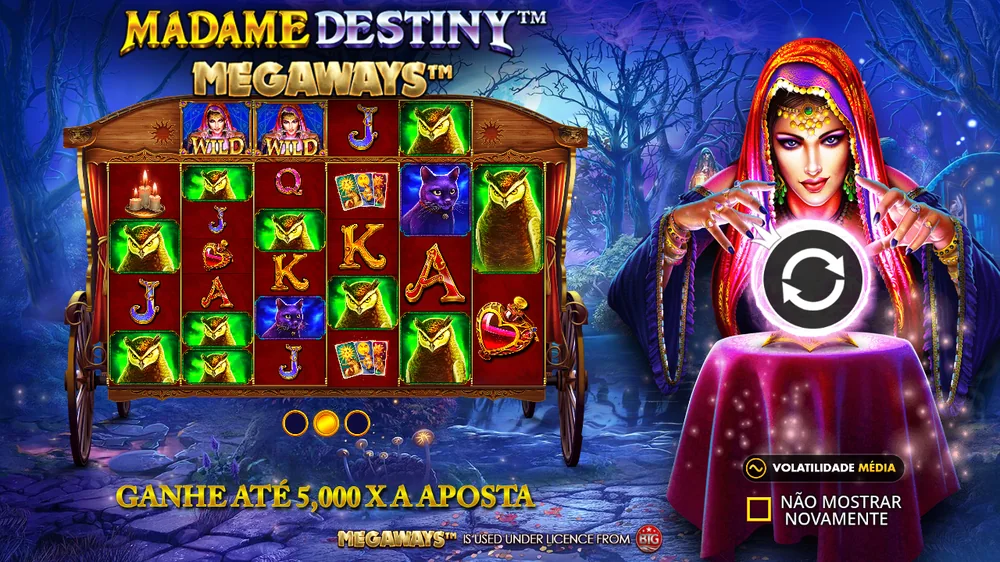 Ecrã de abertura da Madame Destiny Megaways: ganhe até 5.000 vezes a aposta, volatilidade média
