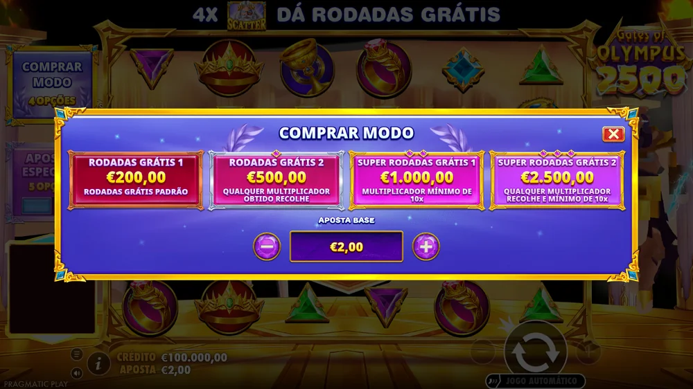 Menu de compra da Gates of Olympus 2500 na demo: quatro modos de 200 a 2.500 euros com aposta de 2 euros
