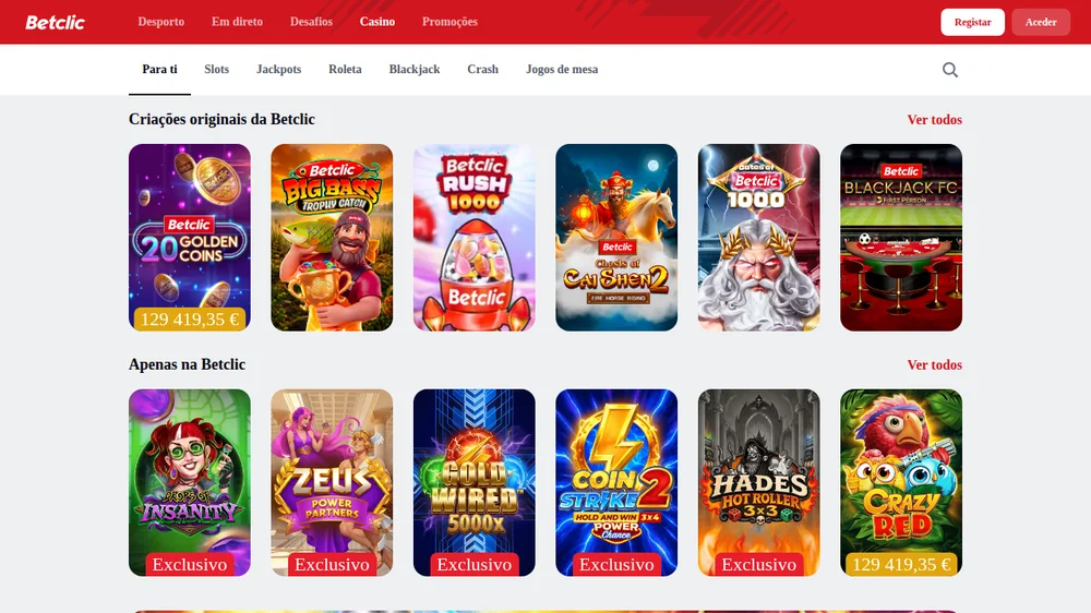 Filas Criações originais da Betclic e Apenas na Betclic no lobby do casino