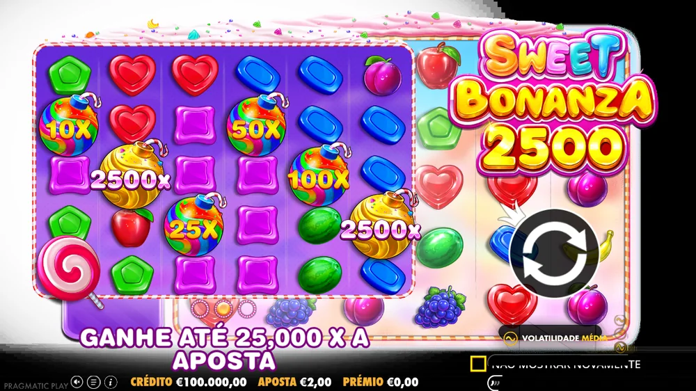 Ecrã de abertura da Sweet Bonanza 2500 com multiplicadores até 2500x e ganho máximo de 25.000x