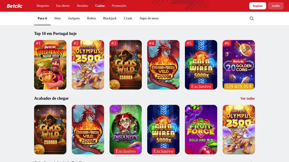 Top 10 em Portugal hoje no lobby do casino Betclic, com os exclusivos assinalados