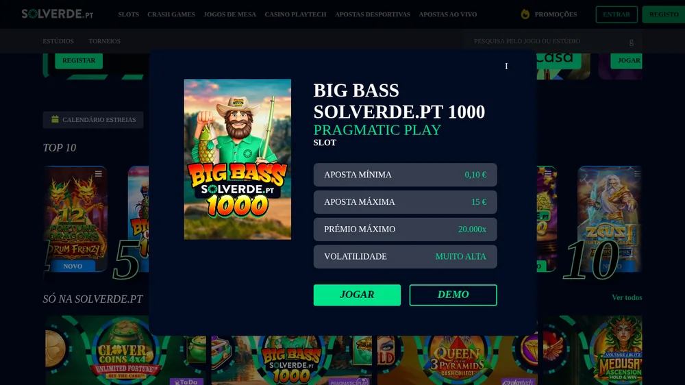 Ficha da Big Bass Solverde.pt 1000: prémio máximo de 20.000x e volatilidade muito alta