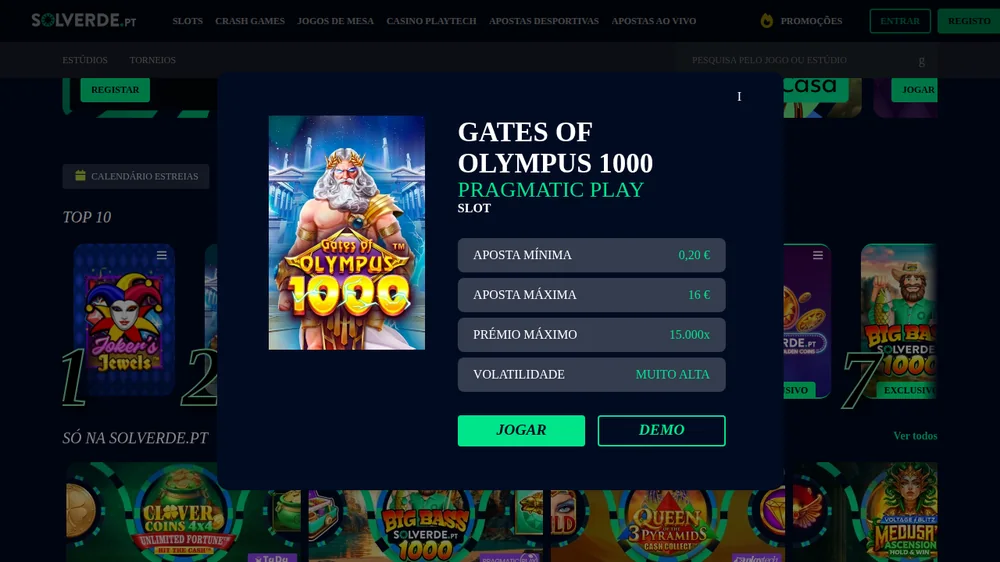 Ficha da Gates of Olympus 1000 na Solverde: aposta de 0,20 € a 16 € e prémio máximo de 15.000x