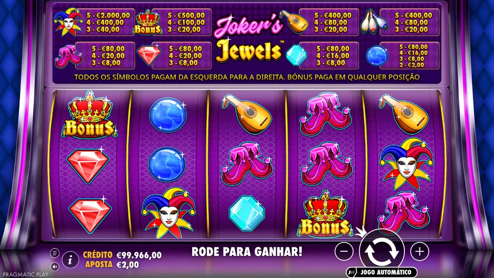 Joker's Jewels na demo oficial, com o saldo depois de 23 rodadas a 2 euros