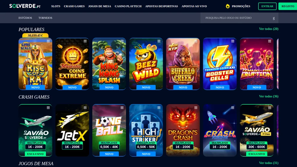 Filas de jogos populares e crash games no lobby da Solverde.pt