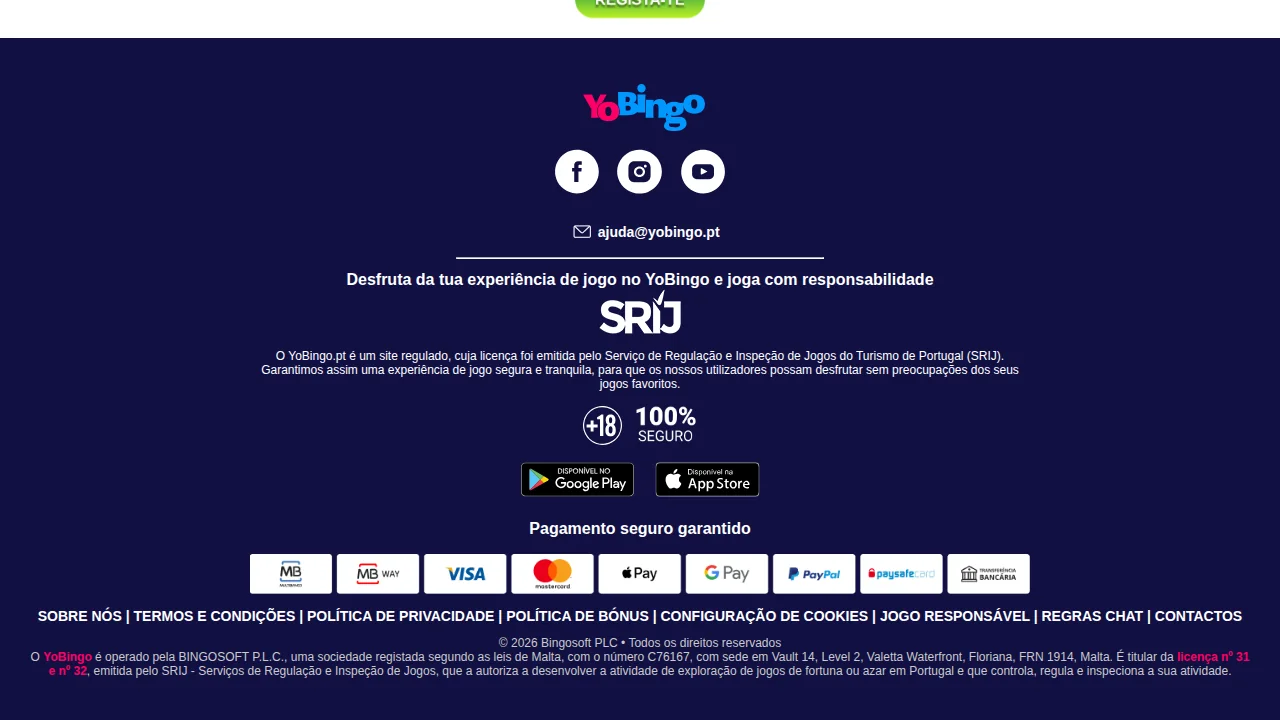 Rodapé do YoBingo com os nove métodos de pagamento: Multibanco, MB Way, Visa, Mastercard, Apple Pay, Google Pay e PayPal
