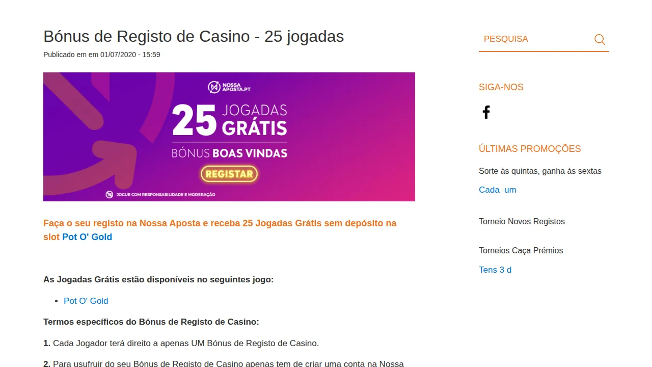 Página do bónus de registo da Nossa Aposta: 25 jogadas grátis sem depósito na slot Pot O’ Gold