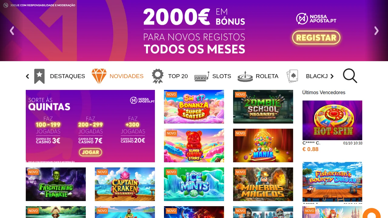 Separador Novidades do casino Nossa Aposta, com o banner de 2000€ para novos registos e a Sorte às quintas