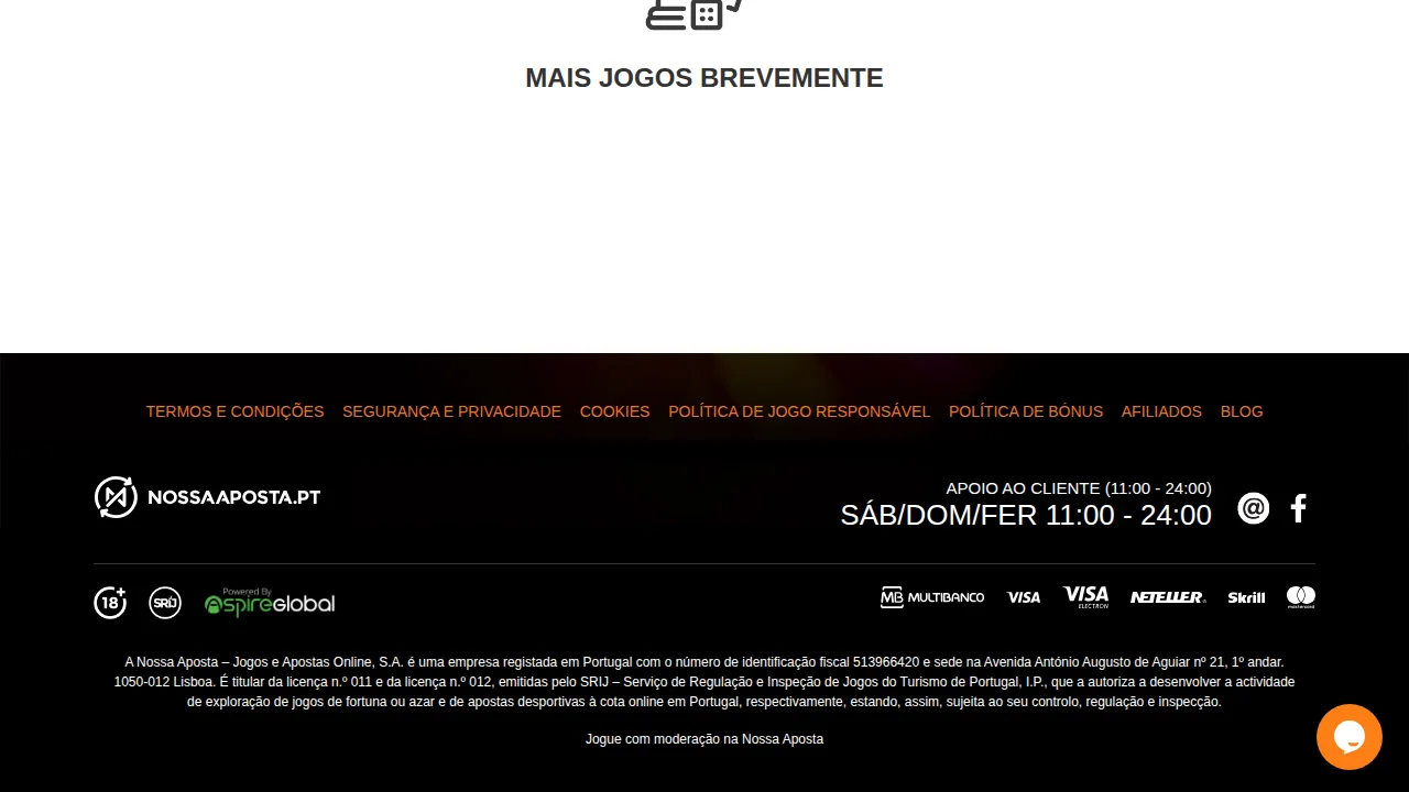 Rodapé da Nossa Aposta com o horário de apoio, os métodos de pagamento e as licenças n.º 011 e 012 do SRIJ