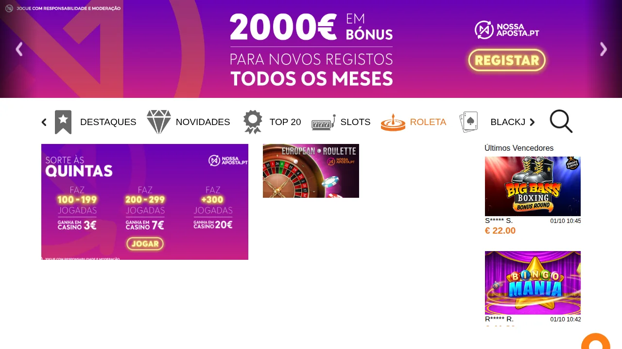 Separador Roleta do casino Nossa Aposta com um único jogo, European Roulette