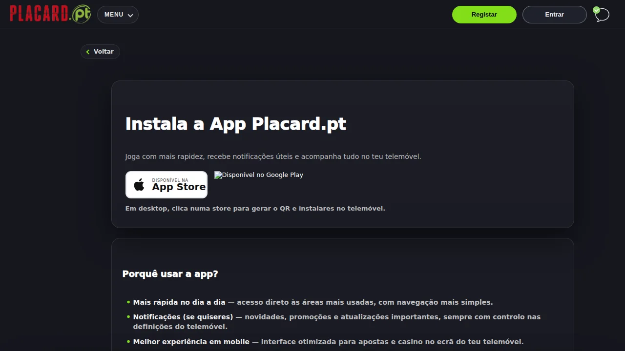 Página para instalar a App Placard.pt, com ligação à App Store e as razões para usar a app