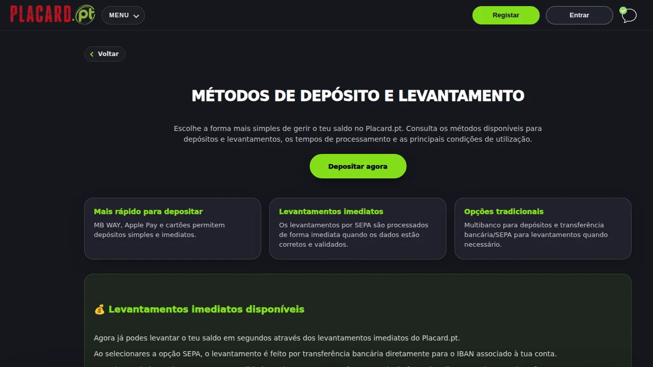 Página de métodos de pagamento da Placard com MB WAY, Apple Pay e levantamentos imediatos por SEPA