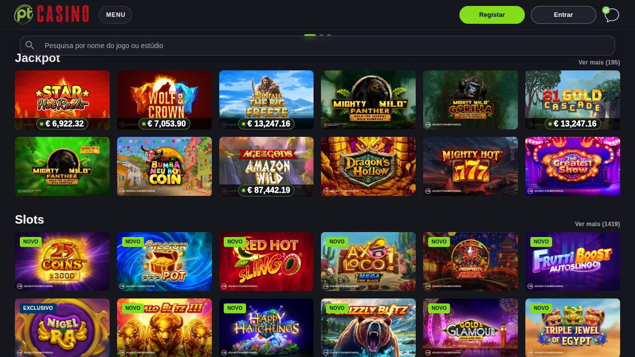 Lobby do PT Casino da Placard com 195 jackpots e 1.419 slots nos contadores «Ver mais»
