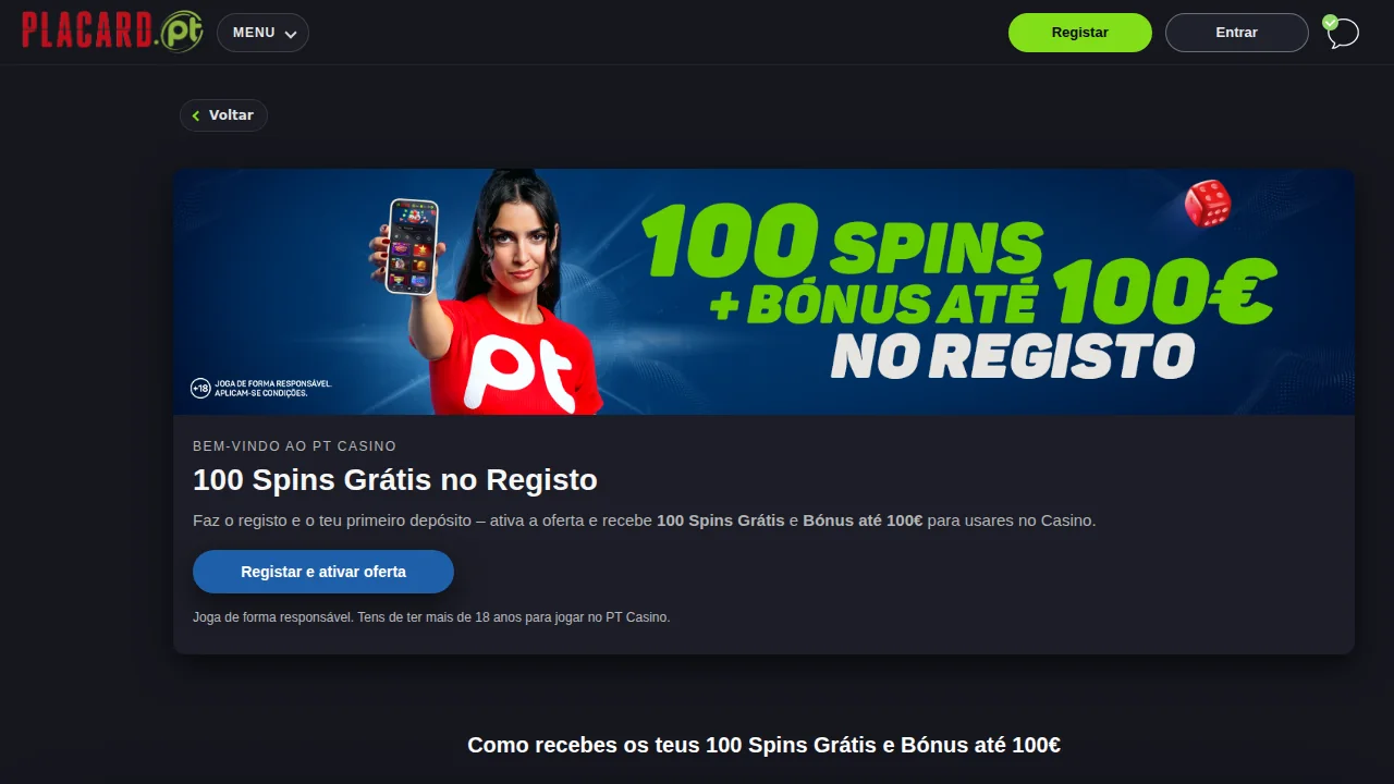 Página da oferta Placard: 100 Spins Grátis + bónus até 100€ no registo, com o botão para ativar
