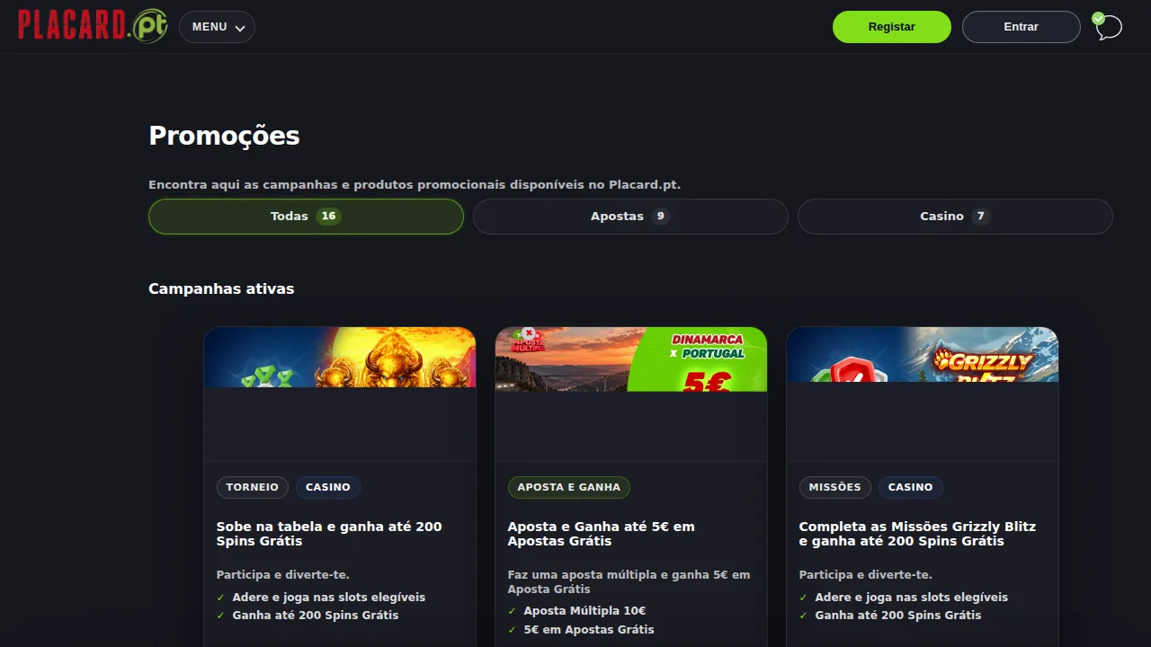 Página de promoções da Placard com 16 campanhas, 9 de apostas e 7 de casino, e torneios de rodadas grátis